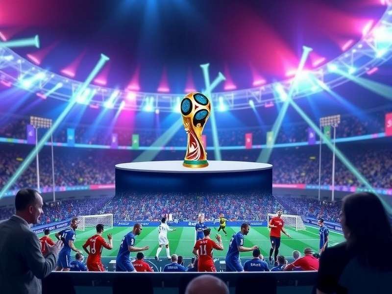 Digital illustration of a football stadium with glowing tactical lines overlay