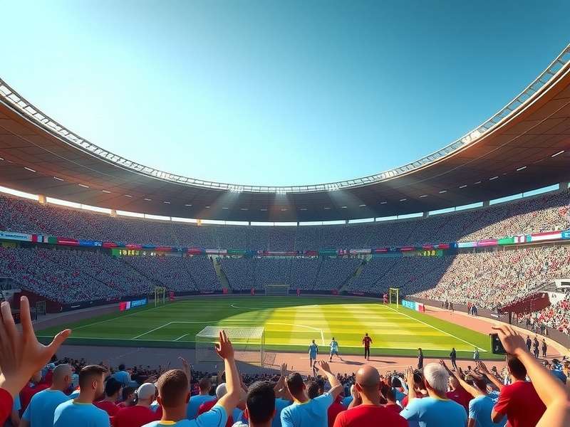 Composite image of stadiums in USA, Canada, and Mexico with fans celebrating