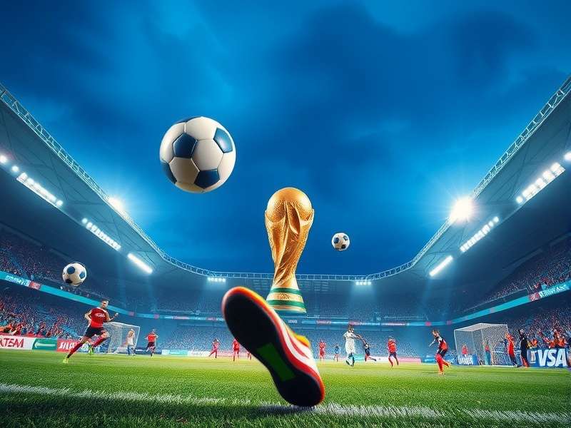 The iconic FIFA World Cup trophy held aloft by a player against a crowd background