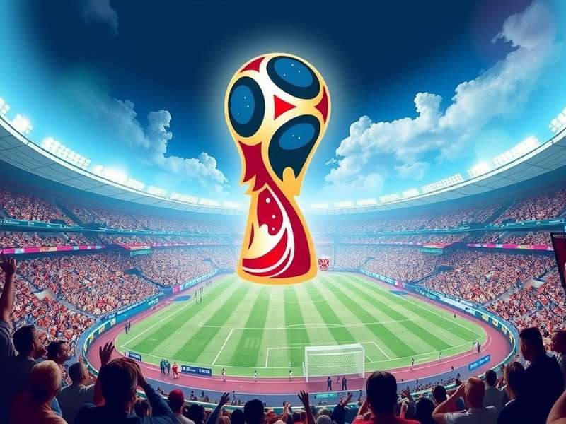 Football World Cup 2026 stadium with floodlights and pitch ready for match