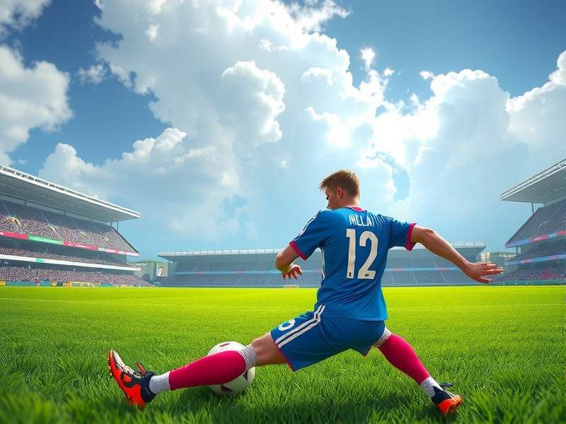 Football World Cup trophy on grass pitch with stadium lights in background