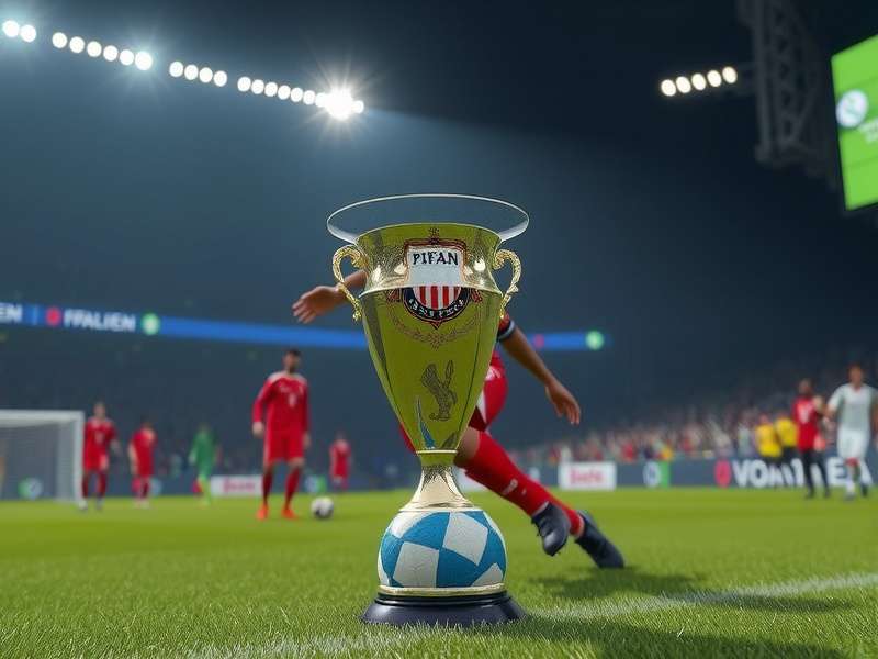 Football World Cup stadium with passionate fans cheering under floodlights