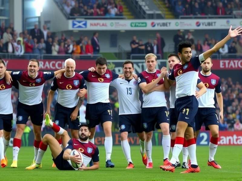 Scotland national football team celebrating a World Cup qualification goal with fans in the stands