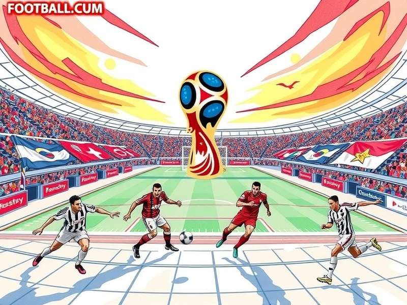 Football World Cup draw ceremony with trophy and flags